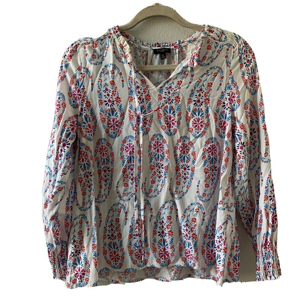 Talbots Womens Size Medium Petite Multicolor Floral Print Long Sleeve Blouse